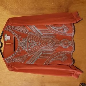 Pixie Market Rust Embroidered Long-Sleeve Blouse